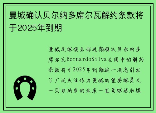 曼城确认贝尔纳多席尔瓦解约条款将于2025年到期