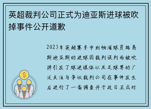英超裁判公司正式为迪亚斯进球被吹掉事件公开道歉