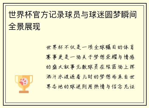 世界杯官方记录球员与球迷圆梦瞬间全景展现